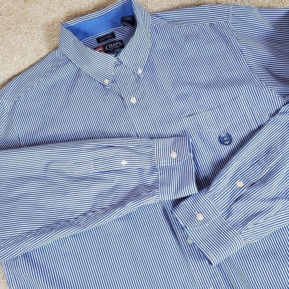 CHAPS Men's Button Down Shirt Blue White Stripe Size XL Long Sleeve